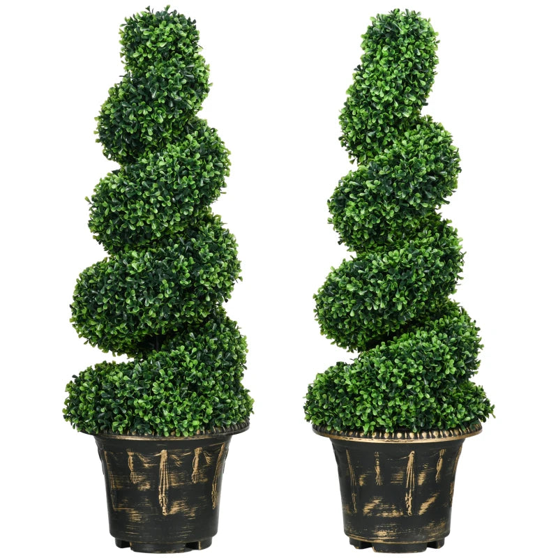 HOMCOM Set of 2 Artificial Topiary Spiral Boxwood Trees with Pots