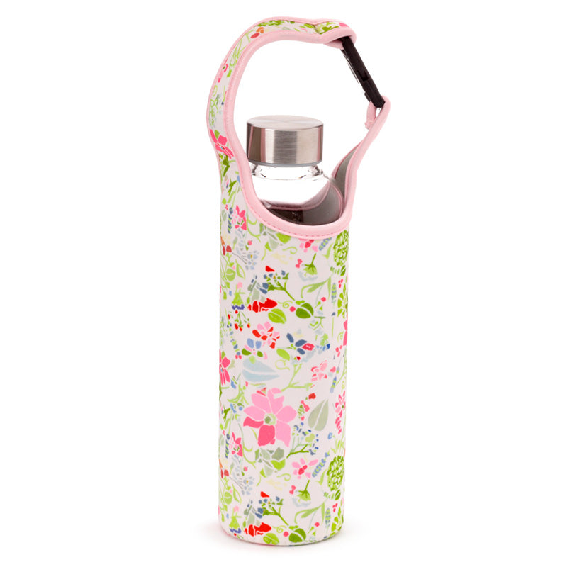 Reusable 500ml Glass Water Bottle with Protective Neoprene Sleeve - Julie Dodsworth Pink Botanical