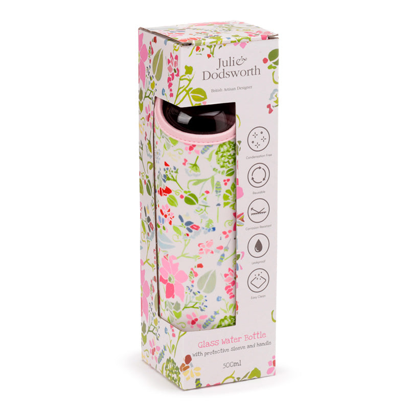 Reusable 500ml Glass Water Bottle with Protective Neoprene Sleeve - Julie Dodsworth Pink Botanical