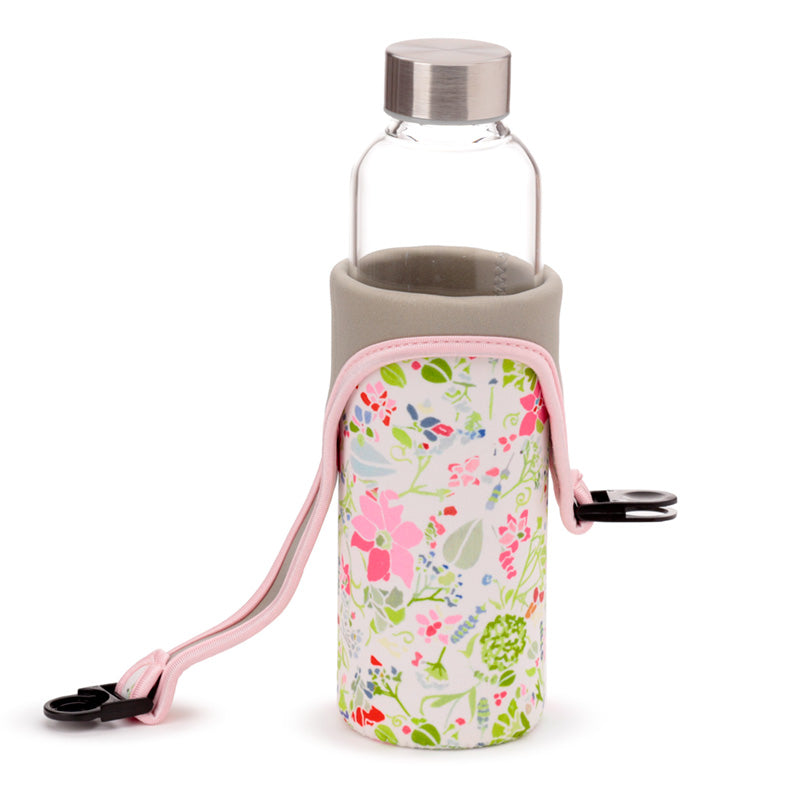 Reusable 500ml Glass Water Bottle with Protective Neoprene Sleeve - Julie Dodsworth Pink Botanical