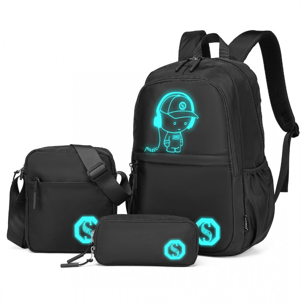 Kono lightweight & glow-in-the-dark 3-piece laptop backpack set with crossbody bag and pencil case