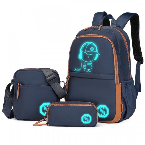 Kono lightweight & glow-in-the-dark 3-piece laptop backpack set with crossbody bag and pencil case