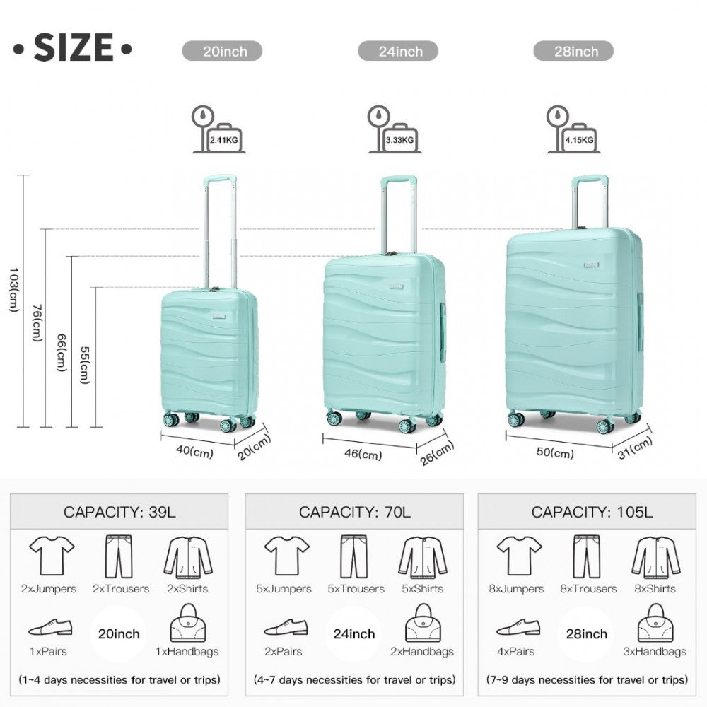 Kono Lightweight Polypropylene Hard Shell 3 Piece Suitcase Set