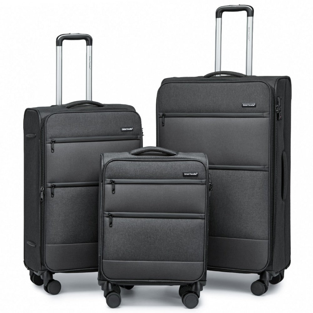 British traveller 3-piece lightweight soft shell luggage set with tsa locks - black