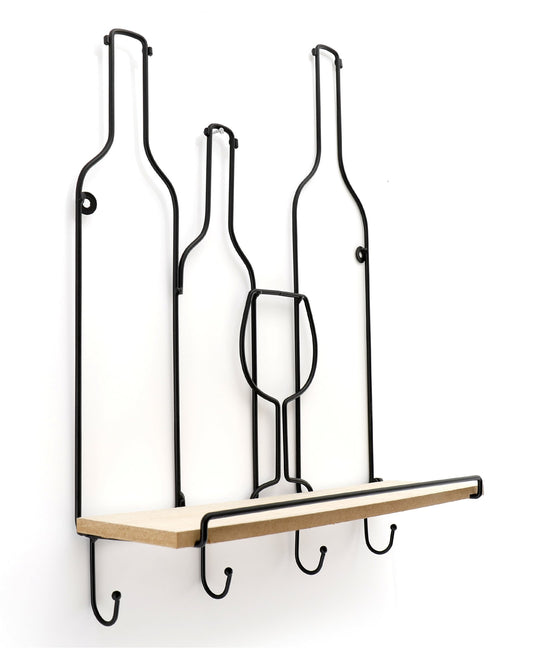 Wine Bottles Wall Shelf & 4 Hooks