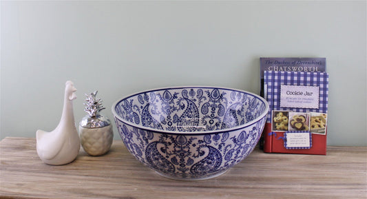 Large Ceramic Bowl, Vintage Blue & White Paisley Design