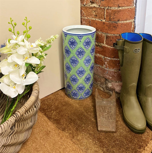 Green and White Diamond Print Umbrella Stand