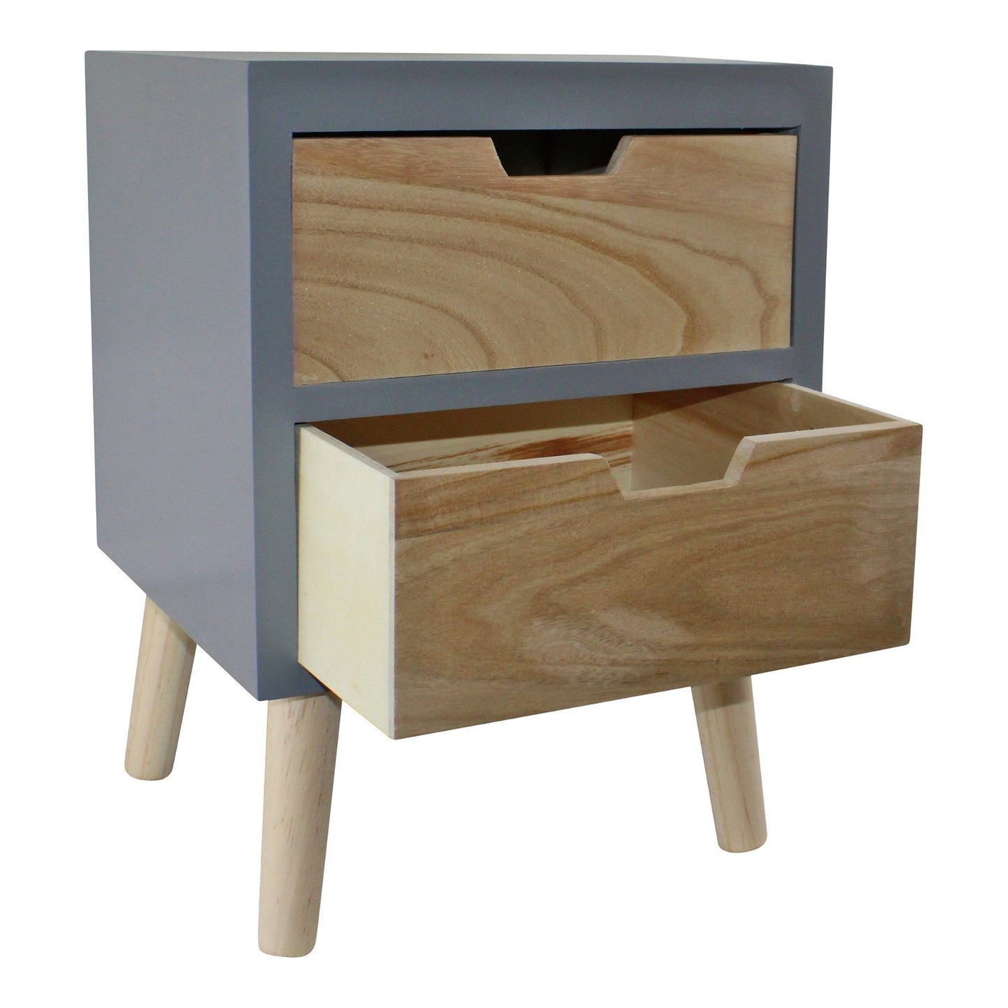 2 Drawer Chest In Grey Finish With Natural Drawers & Removable Legs