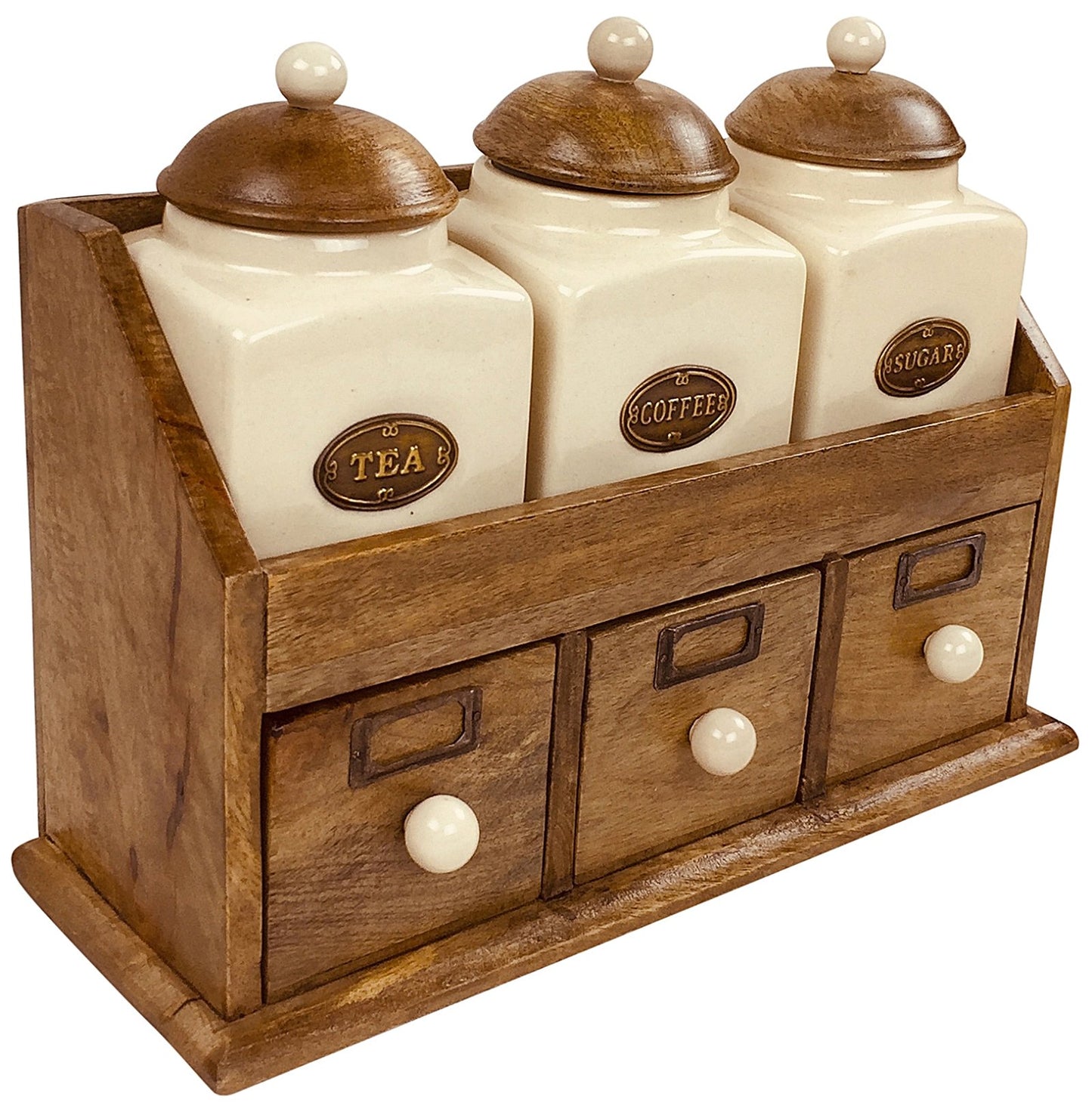 Three Ceramic Jars With Wooden Drawers