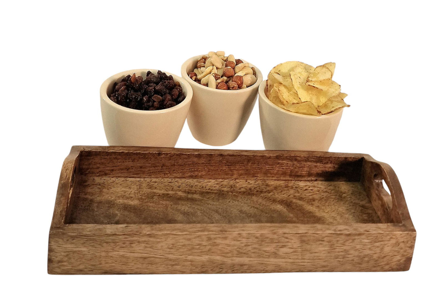 Set of 3 Ceramic Snack/Nibble Bowls with Mango Wood Tray