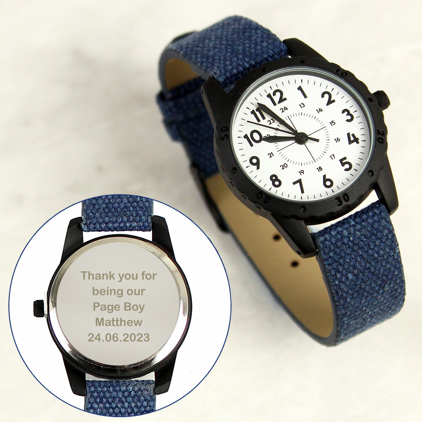 Personalised Black with Blue Canvas Strap Watch