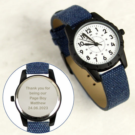 Personalised Black with Blue Canvas Strap Watch