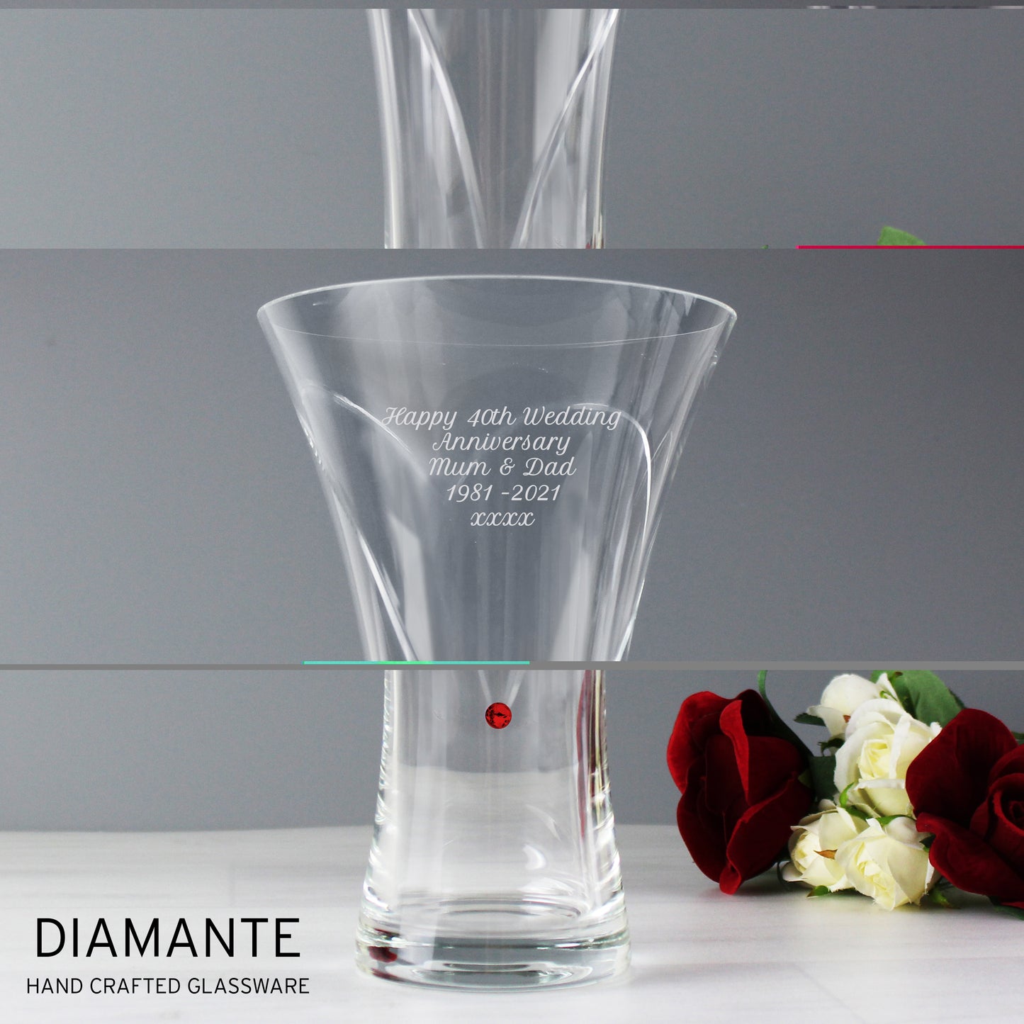 Personalised Large Hand Cut Ruby Diamante Heart Vase