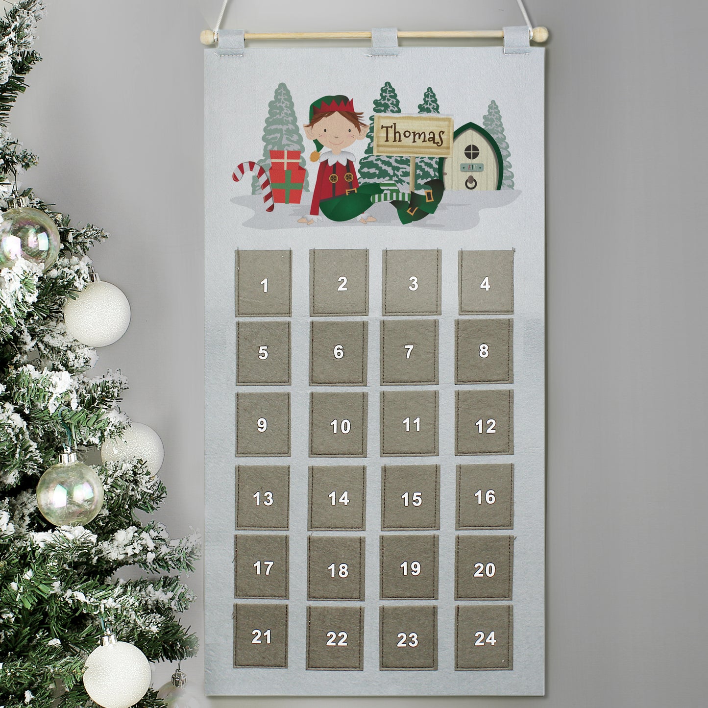 Personalised Elf Advent Calendar In Silver Grey