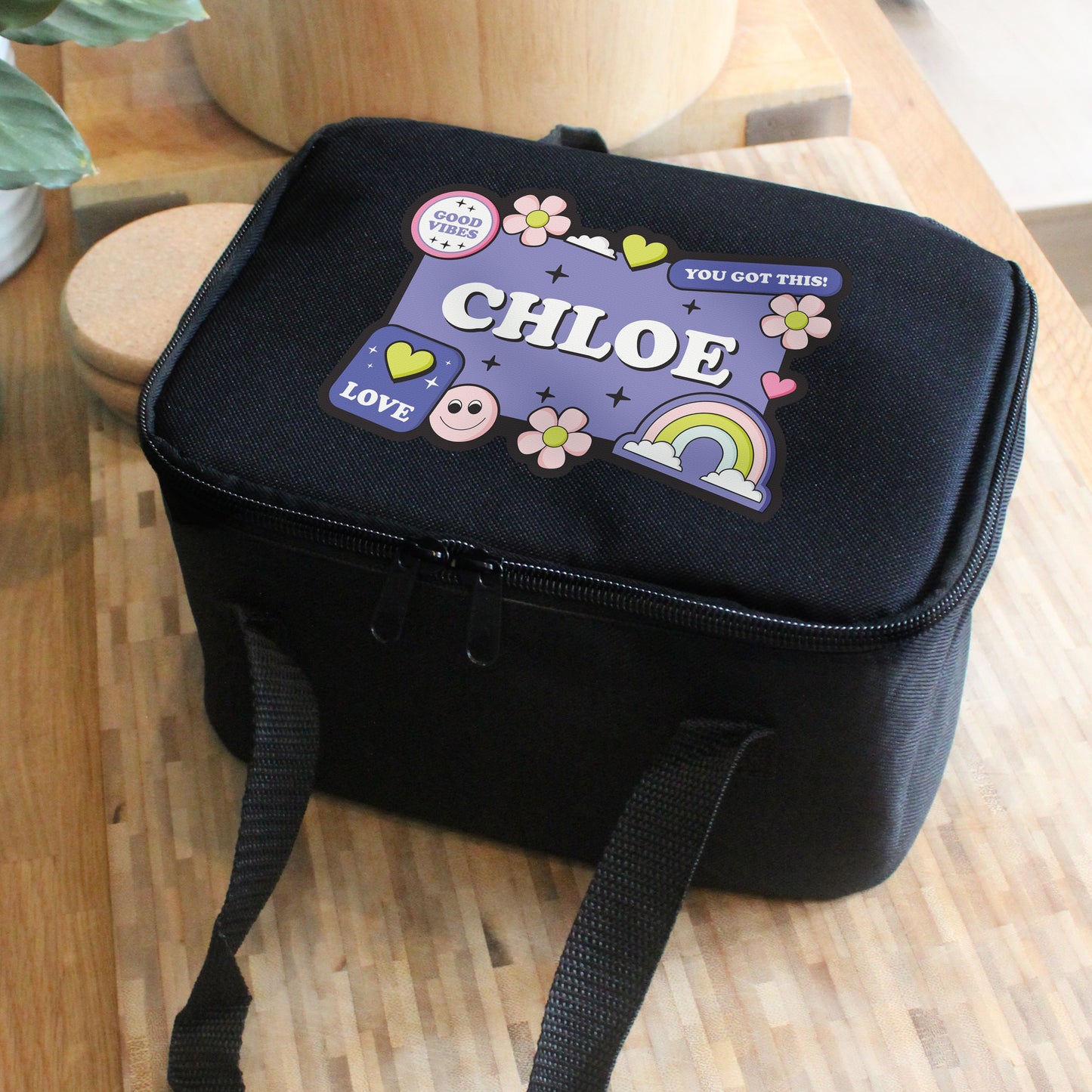 Personalised Good Vibes Black Lunch Bag