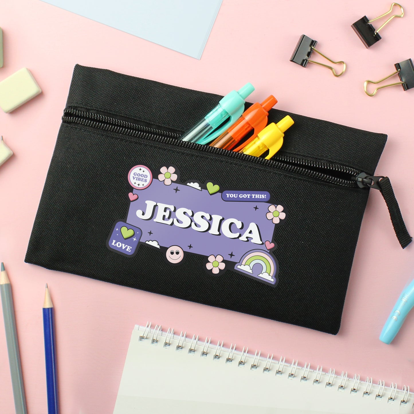 Personalised Good Vibes Black Pencil Case