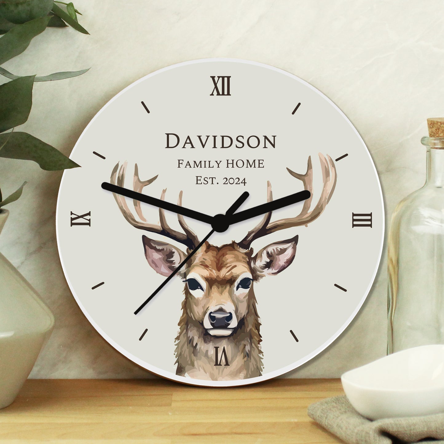 Personalised Watercolour Stag Wooden Clock