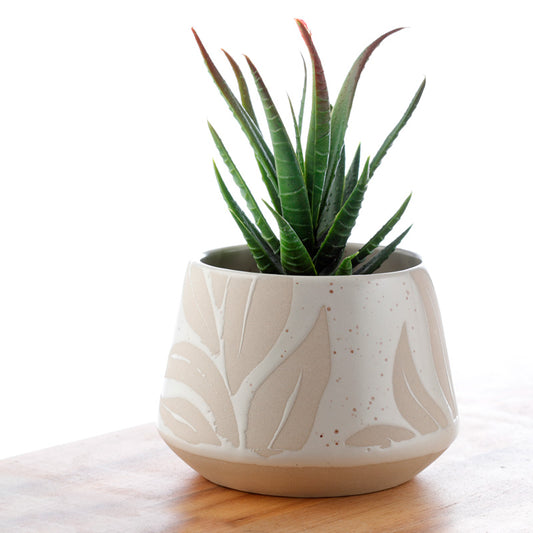 Decorative Stoneware Indoor Freestanding Planter/Small Plant Pot - Florens Hesperantha Cream Glaze Relief