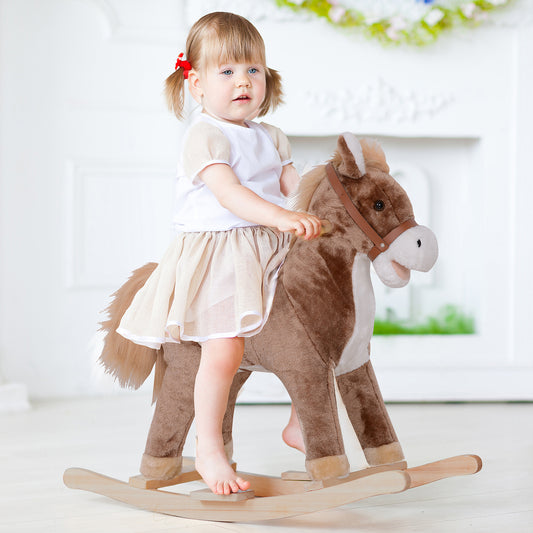 HOMCOM Kids Children Plush Rocking Horse Wooden Base Ride On Toy Rocker