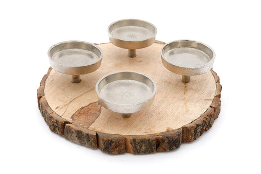 Candle Holder On Wooden Base 28cm