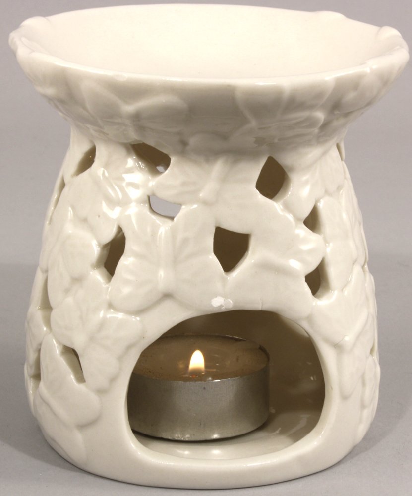 White Embossed Butterfly Oil Burner