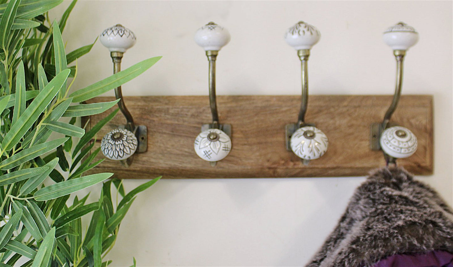 4 Double Ceramic Ivory Coat Hooks On Wooden Base