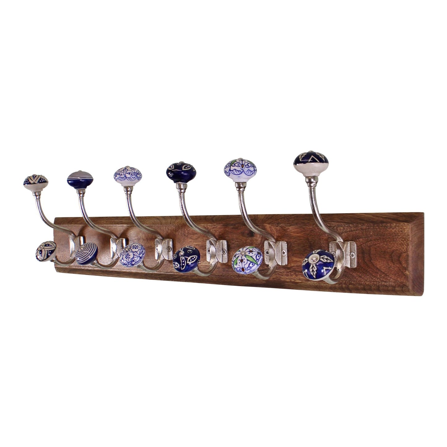 6 Double Ceramic Blue & White Coat Hooks On Wooden Base