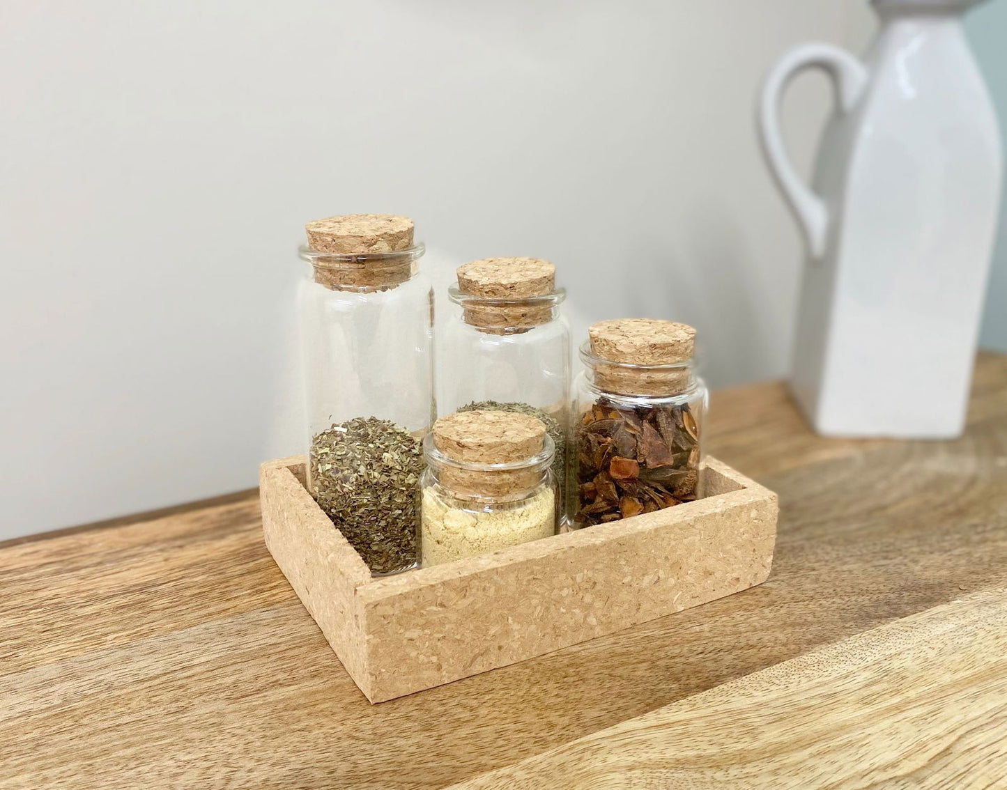 Cork Tray With Four Glass Bottles & Lids