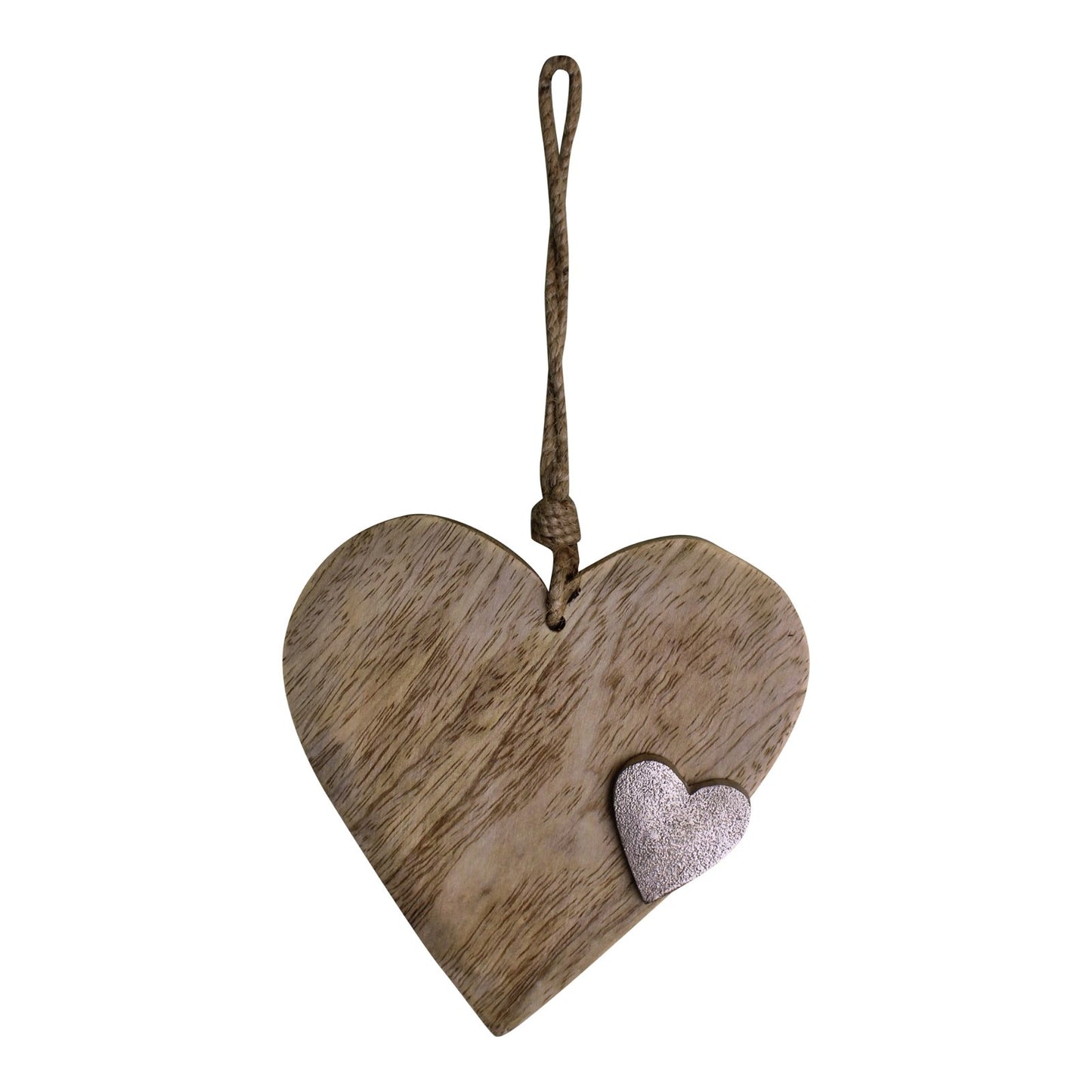 Wooden Hanging Heart Ornament with Silver Heart