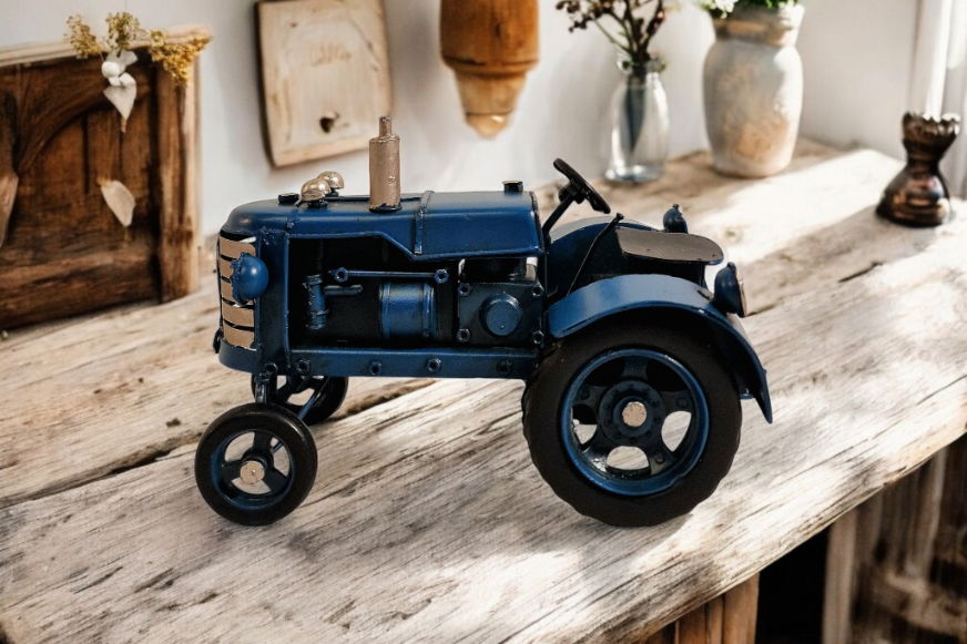 Blue Metal Tractor Ornament 17cm