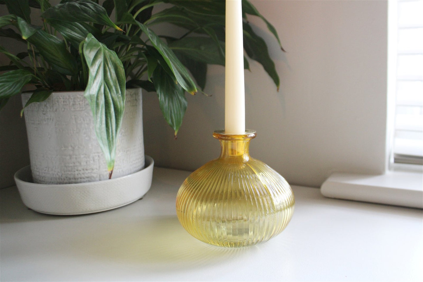 Yellow Ribbed Glass Candle Holder