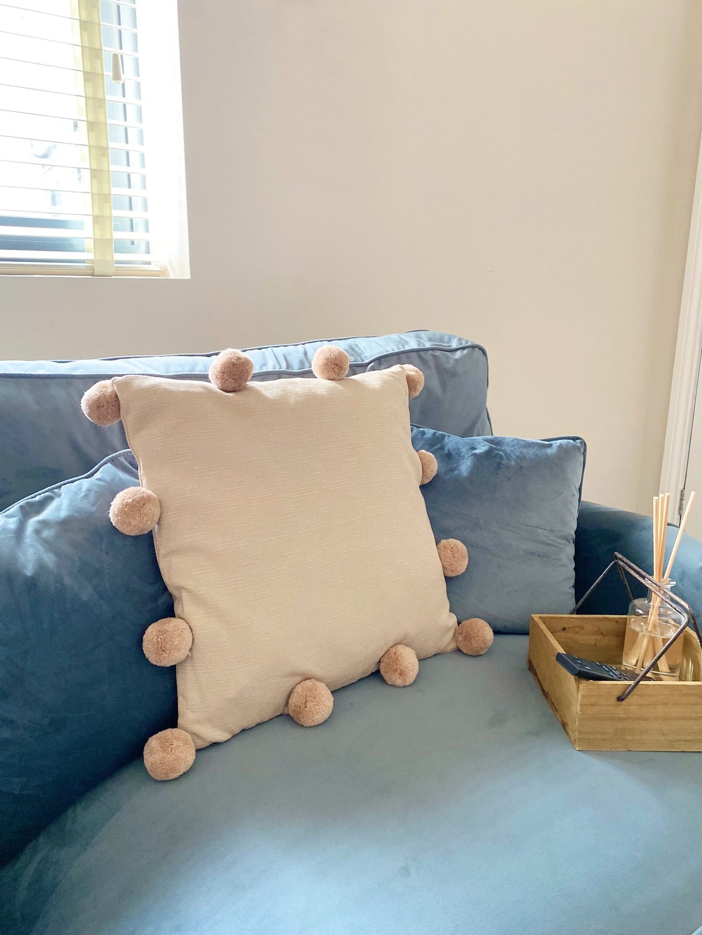 Beige Square Pompom Cushion