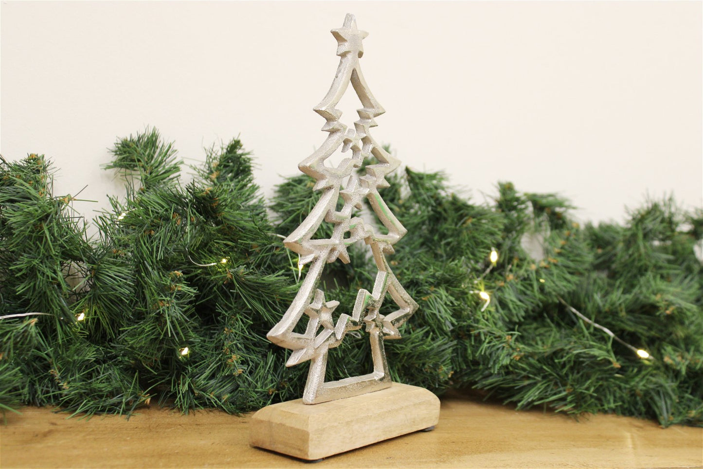 Silver Christmas Tree On Wooden Base Small