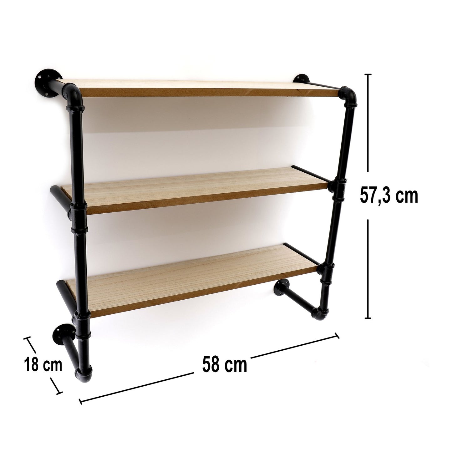 Black Pipe & Wooden Shelves 58cm