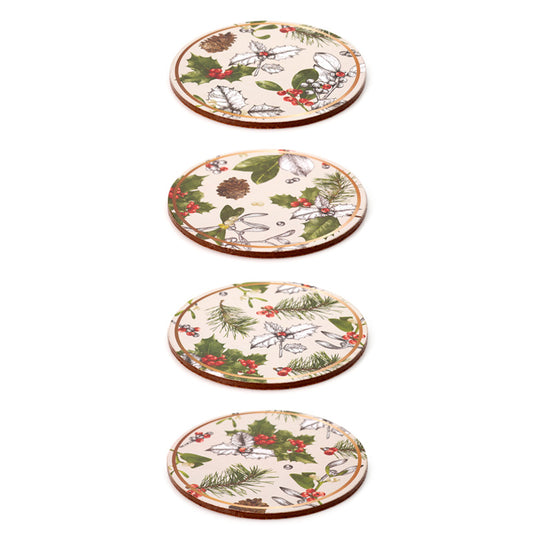 Set of 4 Cork Novelty Coasters - Christmas Winter Botanicals