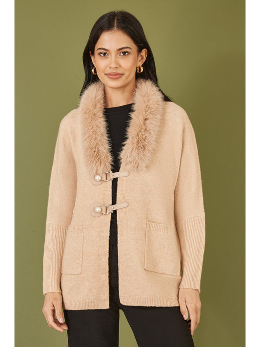 Yumi Oatmeal Cardigan With Detachable Fur Collar Trim
