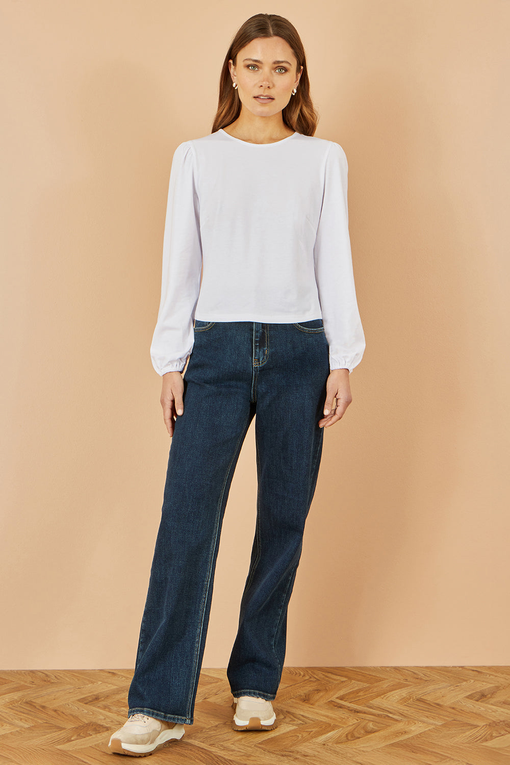 Yumi White Stretch Cotton Jersey Long Sleeve Top