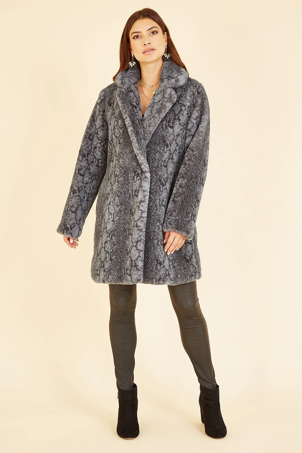 Yumi Grey Snakeskin Print Faux Fur Coat