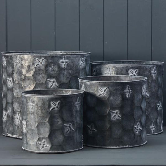 Set of Four Vintage Cylinder Bee Zinc Planters