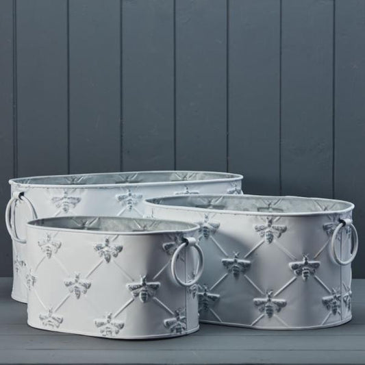 Set of Three White Oval Bee Zinc Planters L38cm M31cm S26cm