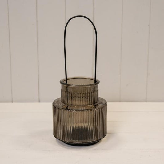 Warm Grey Glass Candle Holder with Handle Large H28cm Dia13cm