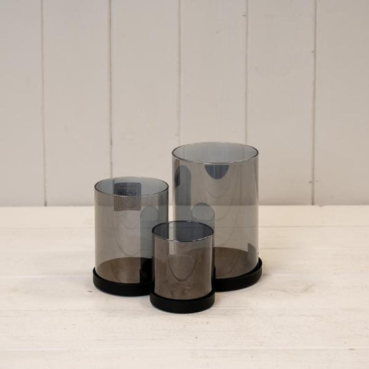 Set of Three Black Glass Candle Holders with Metal Base