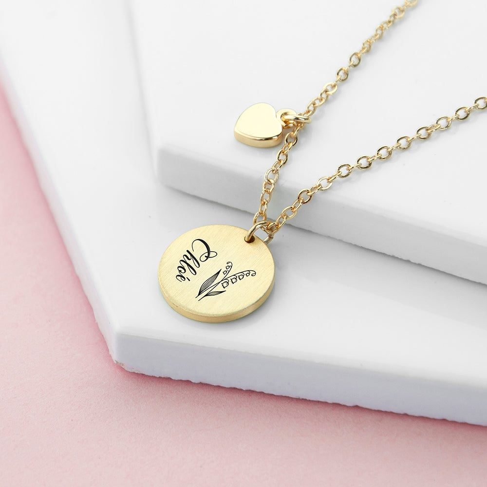 Personalised Birth Flower Brushed Heart And Disc Necklace