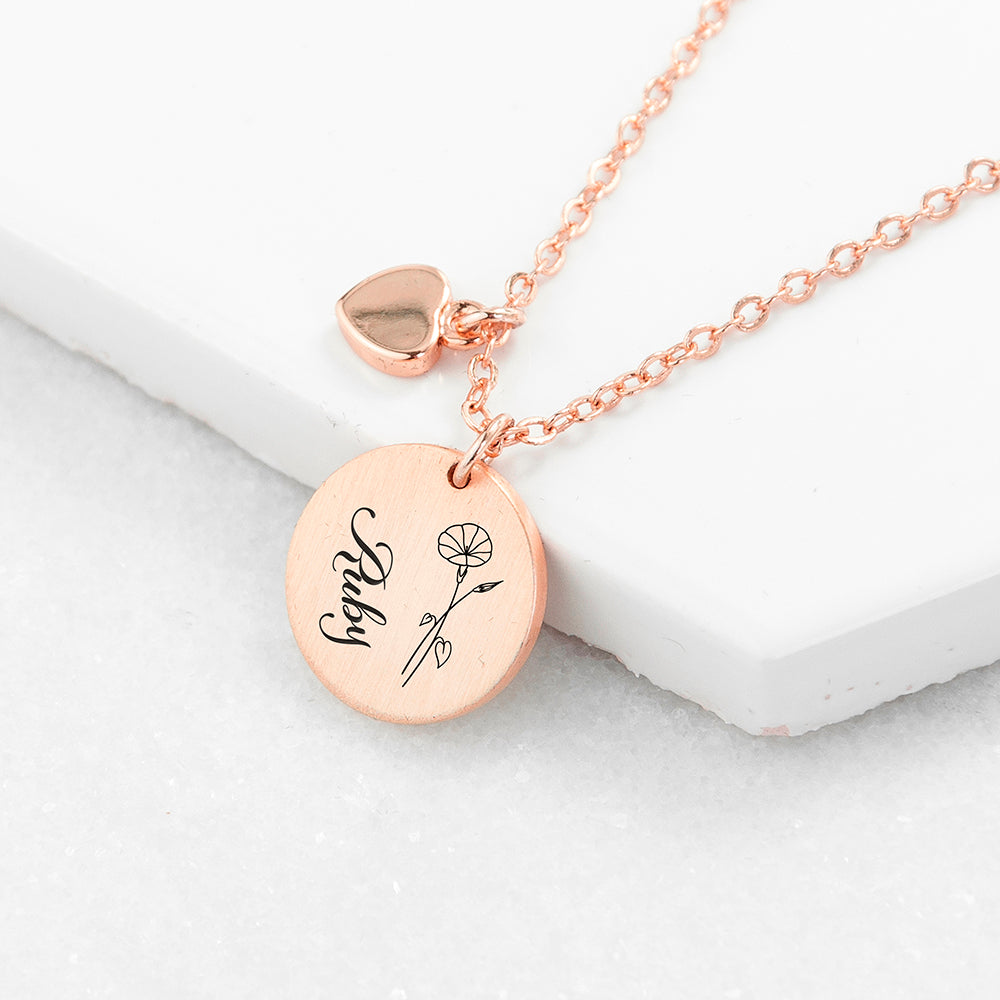 Personalised Birth Flower Brushed Heart And Disc Necklace