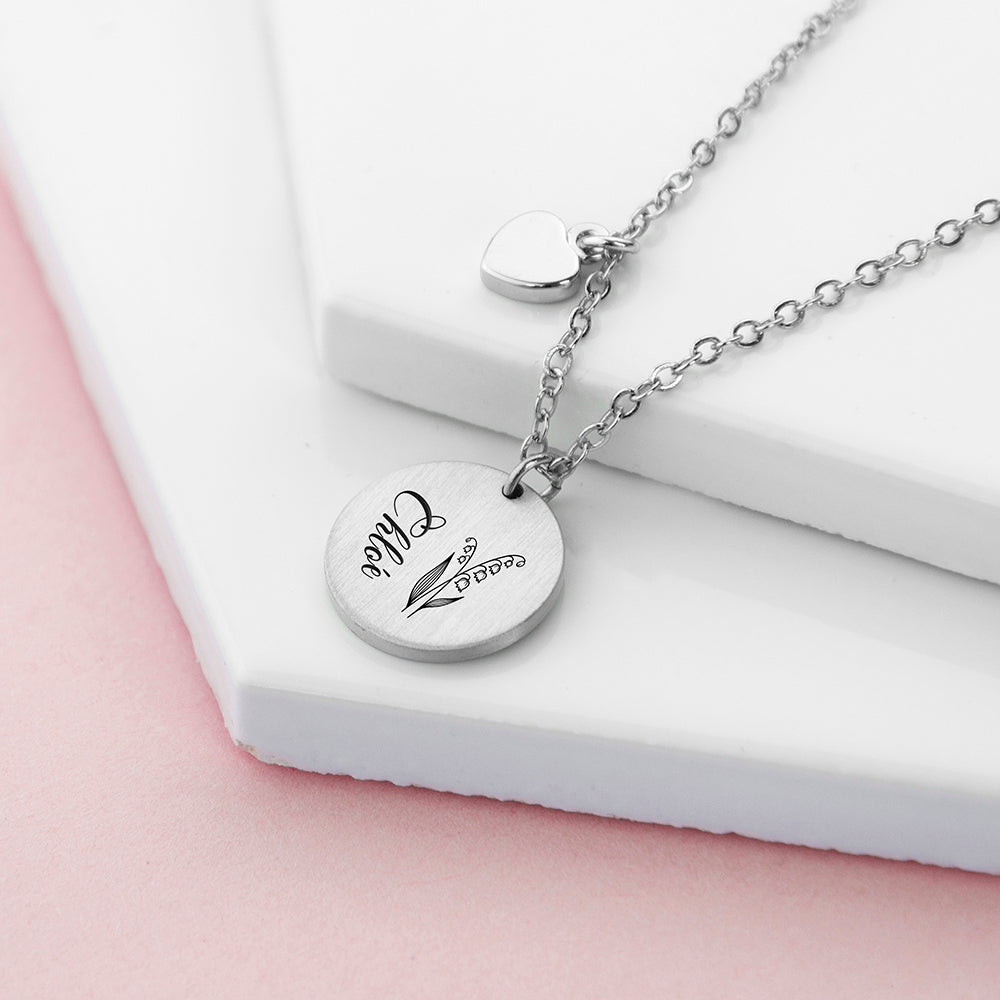 Personalised Birth Flower Brushed Heart And Disc Necklace