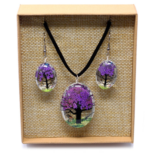 Pressed Flowers - Tree of Life Jewellery set - Lavender