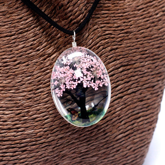 Pressed Flowers - Tree of Life Jewellery set - Pink