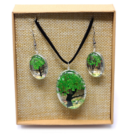 Pressed Flowers - Tree of Life jewellery set - Green