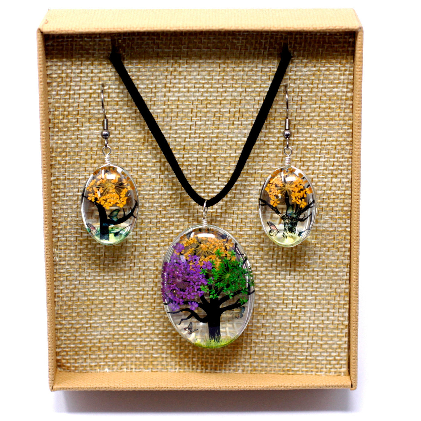 Pressed Flowers - Tree of Life Jewellery set - Mixed Colours