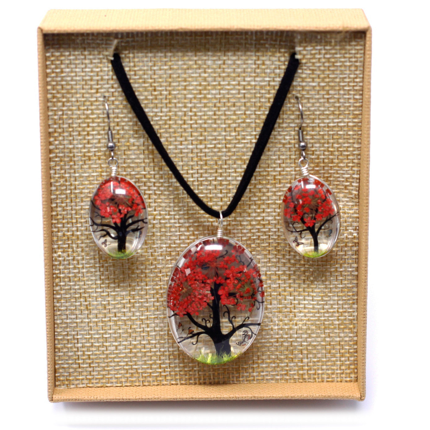 Pressed Flowers - Tree of Life Jewellery set - Coral